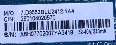 MAIN FUENTE PARA TV WENSTINHOUSE / NUMERO DE PARTE 2601044020570 / CV3553BL-U24 / A6H07702007YA3418 / 7.D3553BLU2412.1A4 / DISPLAY PT236AT02-1 / MODELO WD24HJ1100 - Imagen 3